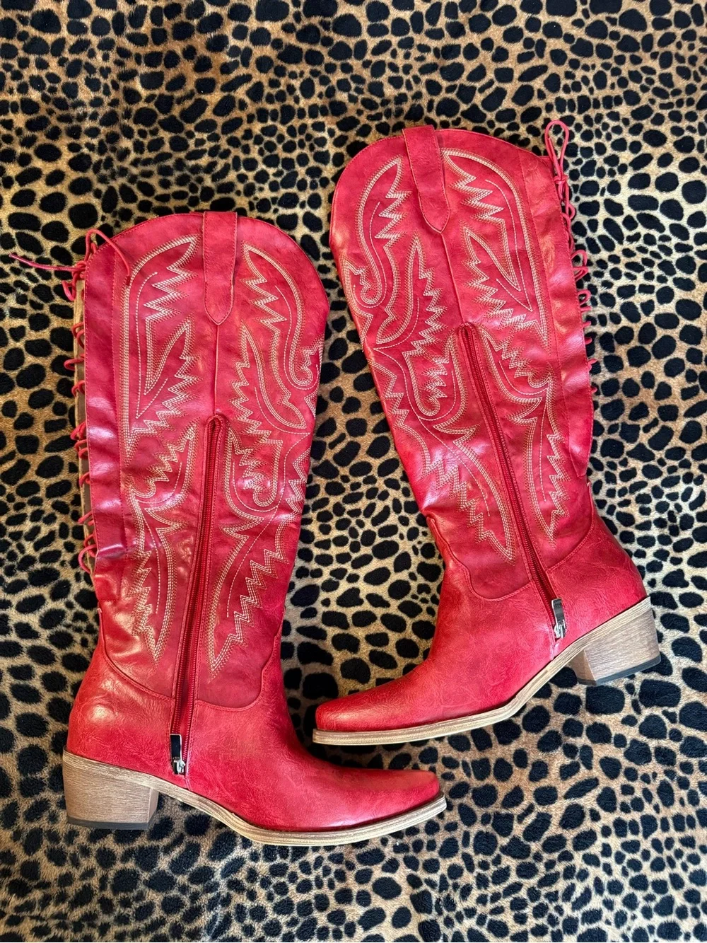 MissHeel Women's Red Faux Leather Western Knee-High Over the knee Boots